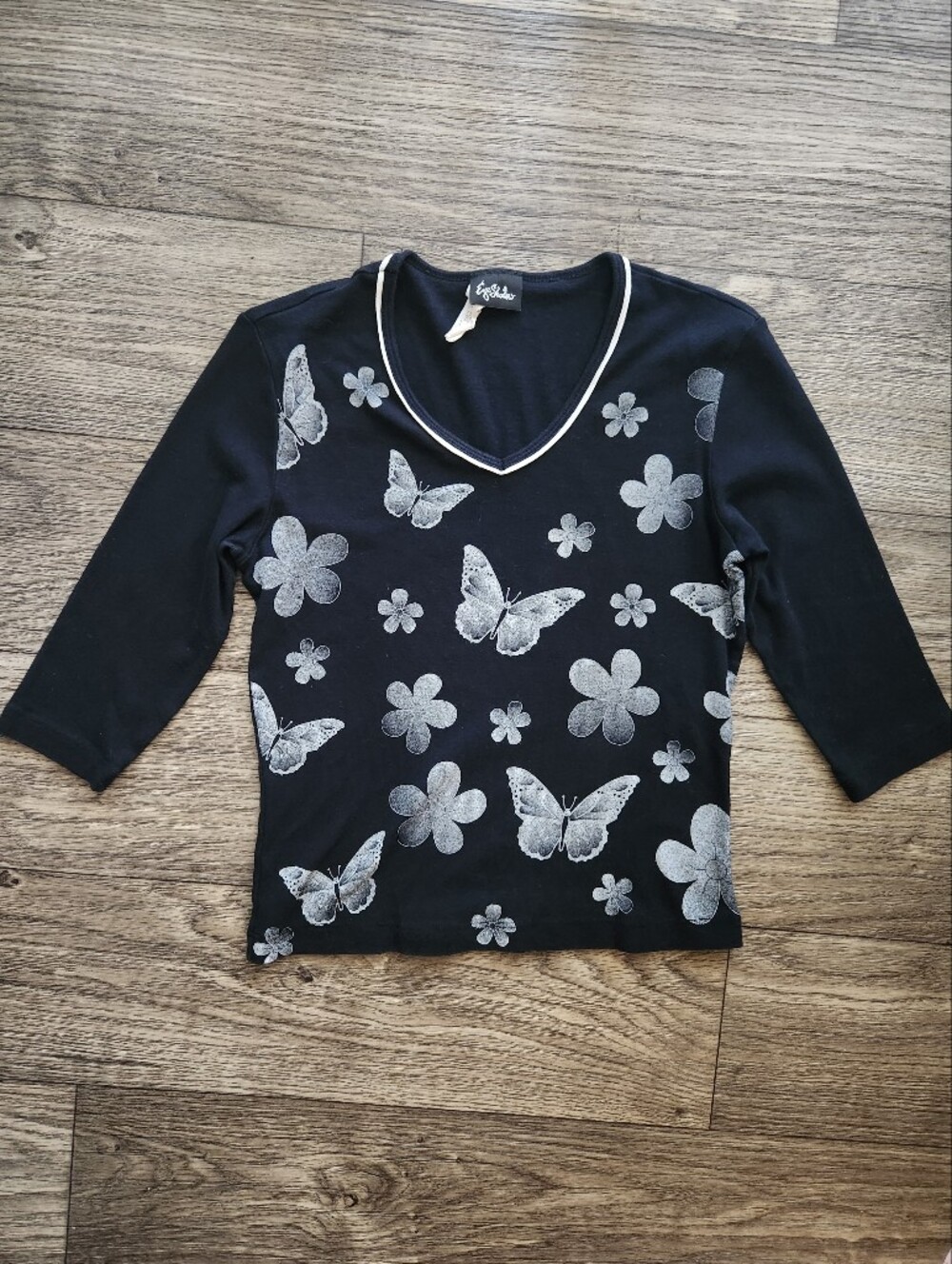 Y2K Eyeshadow Butterfly Floral Black Cotton Top Size Medium